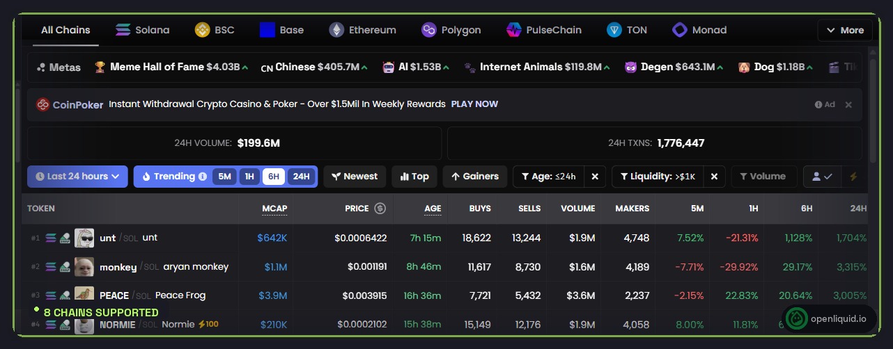 DexScreener chain selector showing 8 supported chains