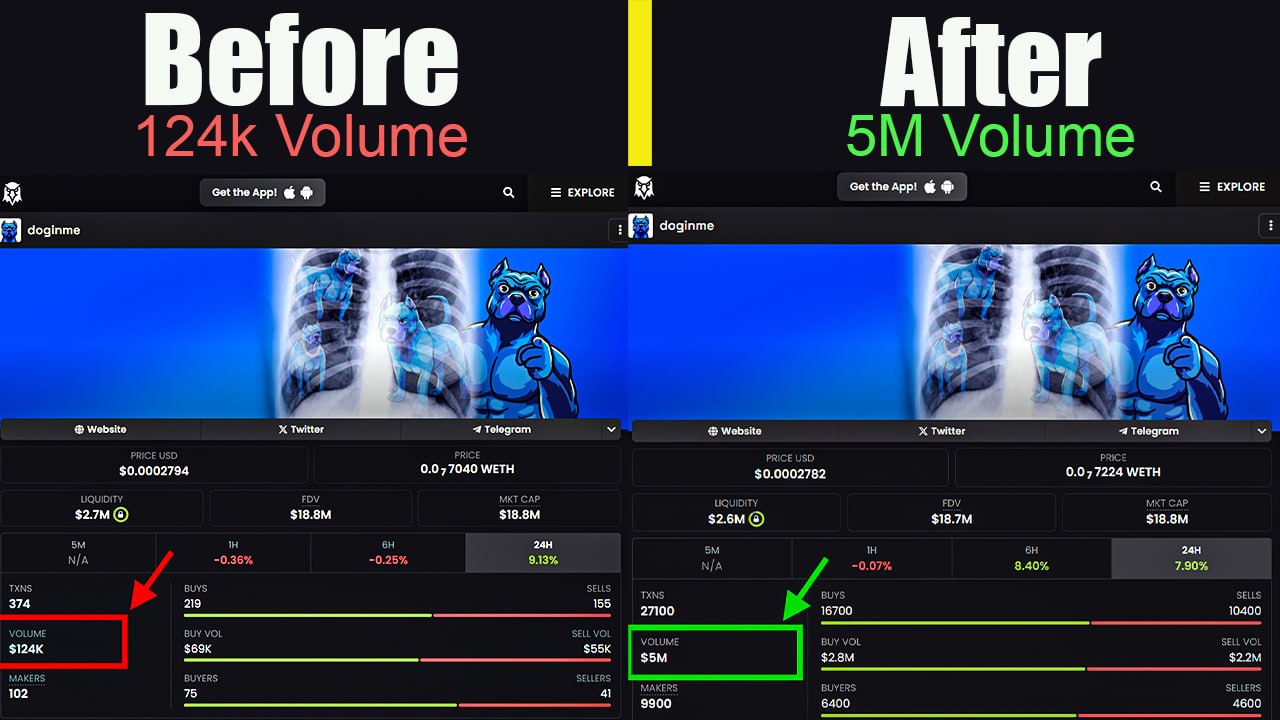 Before and after volume boost — Doginme token went from 124K to 5M 24h volume on DexScreener after using OpenLiquid